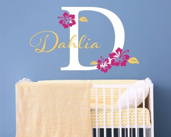 Initial & Name Wall Decal with Hibiscus Flowers - Hawaiian Wall Sticker - Personalized Name Decal 